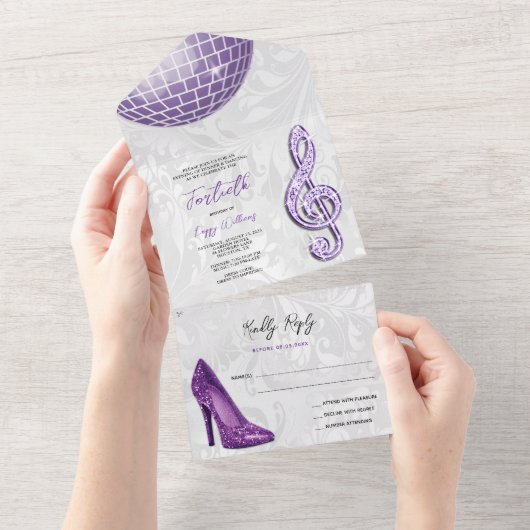 Damask, Paarse Stiletto, Muziek & Discobal 40e All In One Uitnodiging (Afscheurbaar)