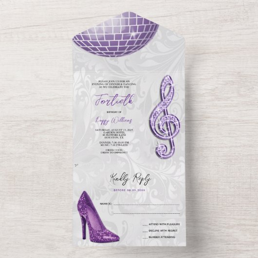 Damask, Paarse Stiletto, Muziek & Discobal 40e All In One Uitnodiging (Binnen)