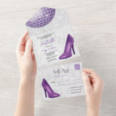 Damask, Paarse Stiletto's & Disco Ball 40e QR CODE All In One Uitnodiging (Afscheurbaar)