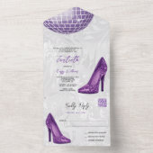 Damask, Paarse Stiletto's & Disco Ball 40e QR CODE All In One Uitnodiging (Binnen)