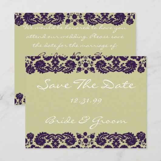 Damask Paarse Wedding Aankondigingskaart (Voorkant / Achterkant)