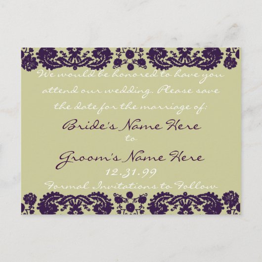 Damask Paarse Wedding Aankondigingskaart (Achterkant)