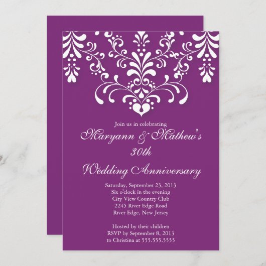 Damask Paarse Wedding Jubileum Uitnodiging (Voorkant / Achterkant)