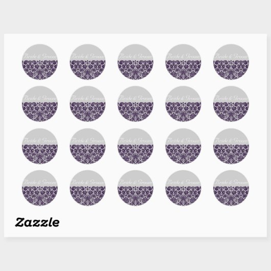 Damask Paarse Wedding Ronde Sticker (Vel)