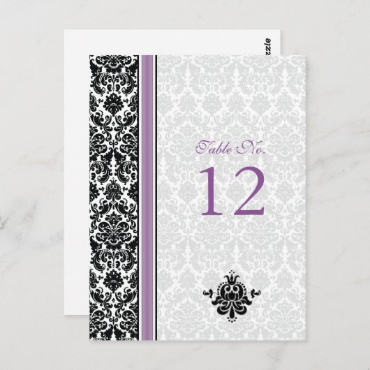 Damask Paarse, Zwart, Witte Trouwtafel Nummer Briefkaart (Voorkant / Achterkant)