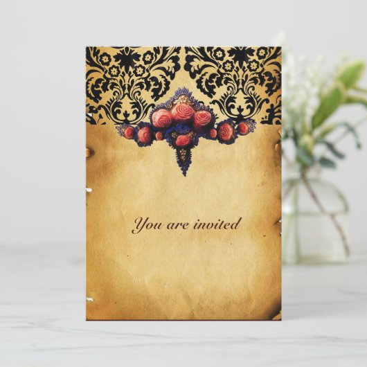 DAMASK PARCHCHMENT EN PINK CORAL ROZEN KAART (Staand voorkant)