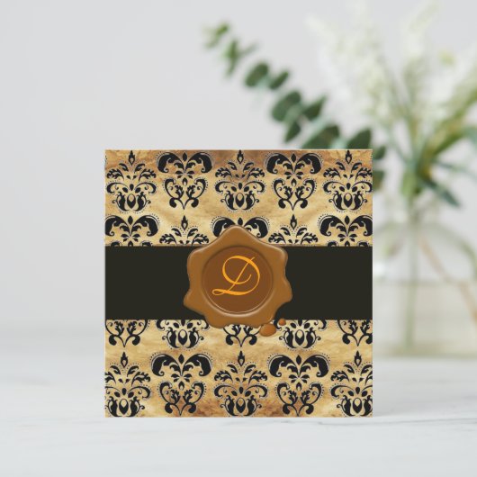 DAMASK PARCHMENT WAX SEAL MONOGRAM, zwart en bruin Kaart (Staand voorkant)