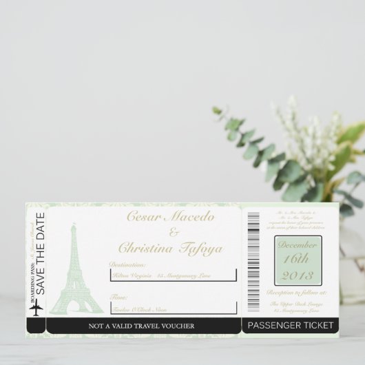 Damask Paris Boarding Pass Trouwuitnodiging Kaart (Staand voorkant)