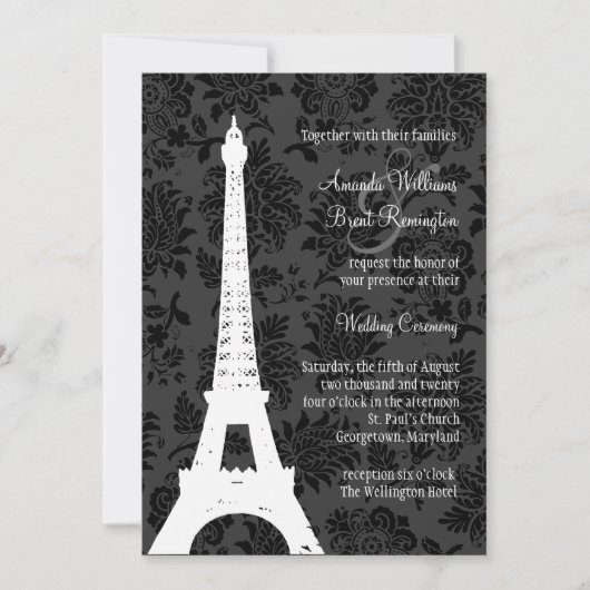 Damask Paris Wedding Invitation (zwart) Kaart (Voorkant)