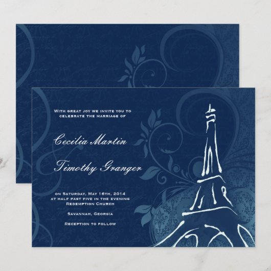 Damask Parisienne - Dark Sapphire Blue Wedding Kaart (Voorkant / Achterkant)