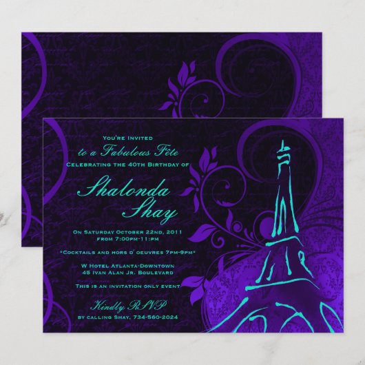 Damask Parisienne: Elektrische Blauwgroen en Paars Kaart (Voorkant / Achterkant)