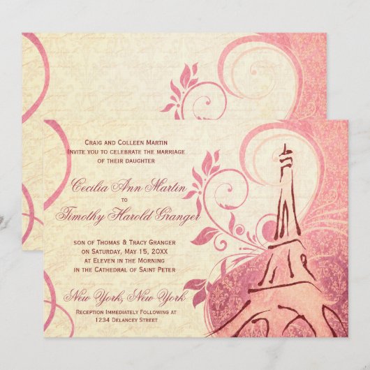 Damask Parisienne - Honeysuckle & Ivory Wedding Kaart (Voorkant / Achterkant)