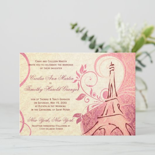 Damask Parisienne - Honeysuckle & Ivory Wedding Kaart (Staand voorkant)