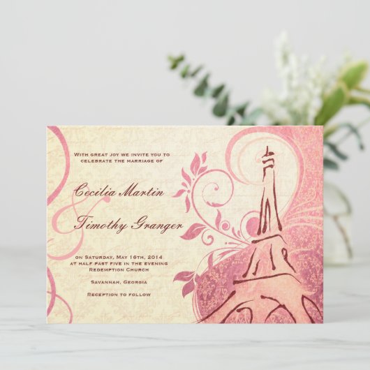 Damask Parisienne - Honeysuckle & Ivory Wedding Kaart (Staand voorkant)
