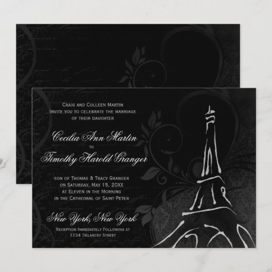 Damask Parisienne - Midnight Black Wedding Kaart (Voorkant / Achterkant)