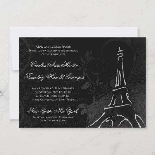 Damask Parisienne - Midnight Black Wedding Kaart (Voorkant)