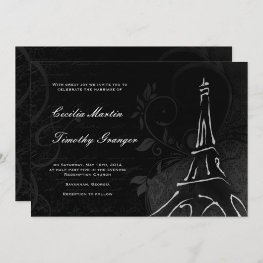 Damask Parisienne - Midnight Black Wedding Kaart (Voorkant / Achterkant)