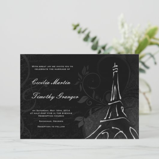 Damask Parisienne - Midnight Black Wedding Kaart (Staand voorkant)