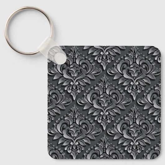 Damask Patroon Zwart Achtergrond-23961 Geïsoleerde Sleutelhanger (Voorkant)
