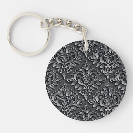 Damask Patroon Zwart Achtergrond-23961 Geïsoleerde Sleutelhanger (Voorkant)