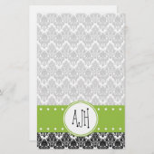 Damask Pattern, Black and White Damask, Monogram Briefpapier (Voorkant / Achterkant)