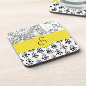 Damask Pattern, Black and White Damask, Monogram Drankjes Onderzetter (Linkerzijde)