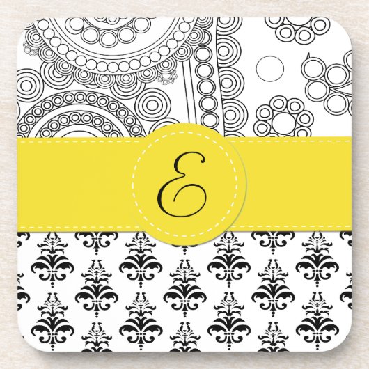 Damask Pattern, Black and White Damask, Monogram Drankjes Onderzetter (Voorkant)