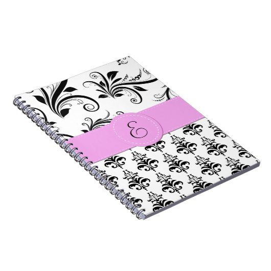 Damask Pattern, Black and White Damask, Monogram Notitieboek (Rechterzijde)