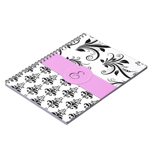 Damask Pattern, Black and White Damask, Monogram Notitieboek (Linkerzijde)