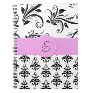 Damask Pattern, Black and White Damask, Monogram Notitieboek