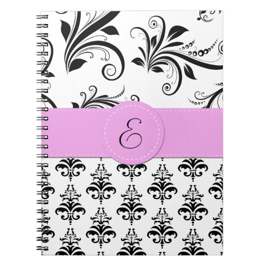 Damask Pattern, Black and White Damask, Monogram Notitieboek (Voorkant)