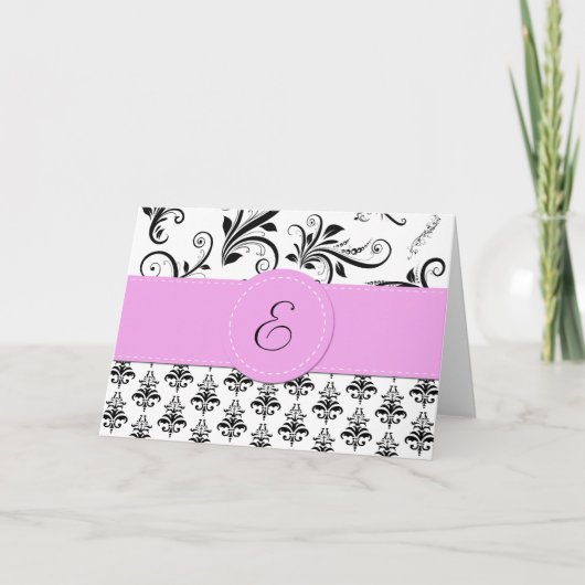 Damask Pattern, Black and White Damask, Monogram Notitiekaartje (Voorkant)