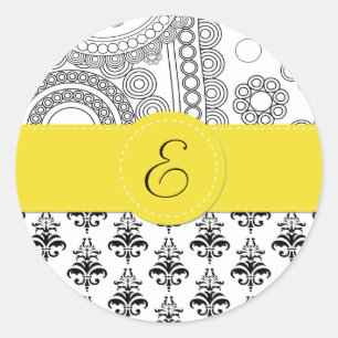Damask Pattern, Black and White Damask, Monogram Ronde Sticker