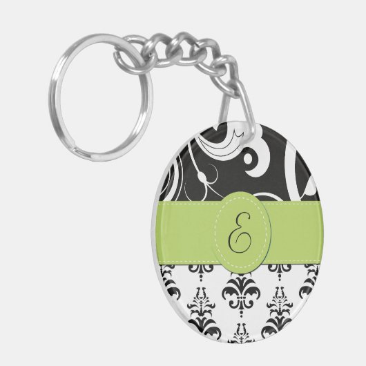Damask Pattern, Black and White Damask, Monogram Sleutelhanger (Voorkant Links)