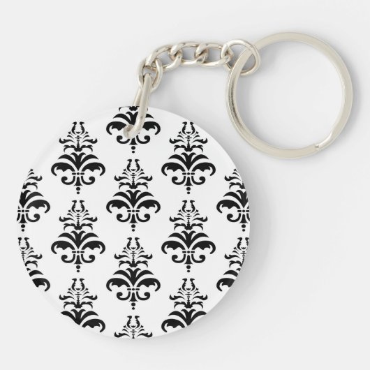 Damask Pattern, Black and White Damask, Monogram Sleutelhanger (Achterkant)
