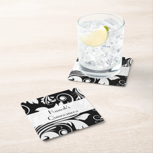 Damask Pattern, Black and White, Quinceanera Kartonnen Onderzetters (Insitu)