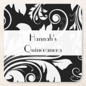 Damask Pattern, Black and White, Quinceanera Kartonnen Onderzetters (Voorkant)