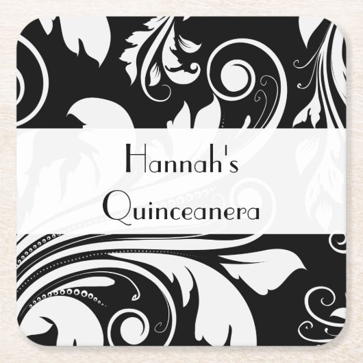 Damask Pattern, Black and White, Quinceanera Kartonnen Onderzetters (Voorkant)
