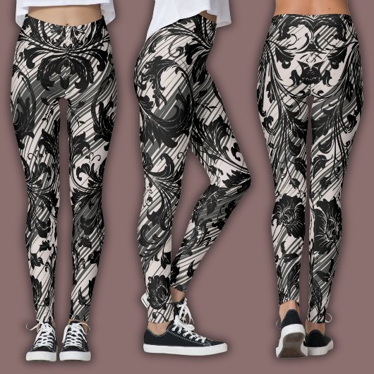 Damask Pattern | Black & Natural Beige Leggings