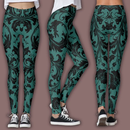 Damask Pattern | Black & Teal Leggings