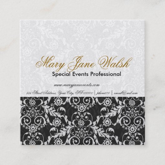 Damask Pattern Black White Lace Event Planner Vierkante Visitekaartje (Voorkant)