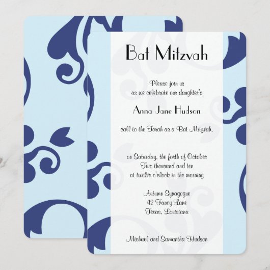 Damask Pattern, Blue Damask, Bat Mitzvah Kaart (Voorkant / Achterkant)