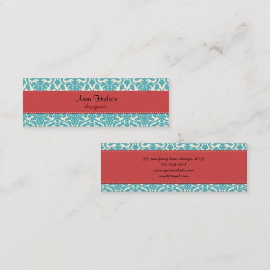 Damask Pattern, Blue Damask, French Damask Mini Visitekaartje (Voorkant / Achterkant)