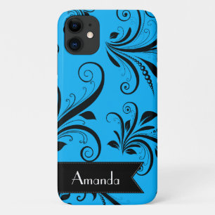 Damask Pattern, Blue Damask, Jouw naam Case-Mate iPhone Case