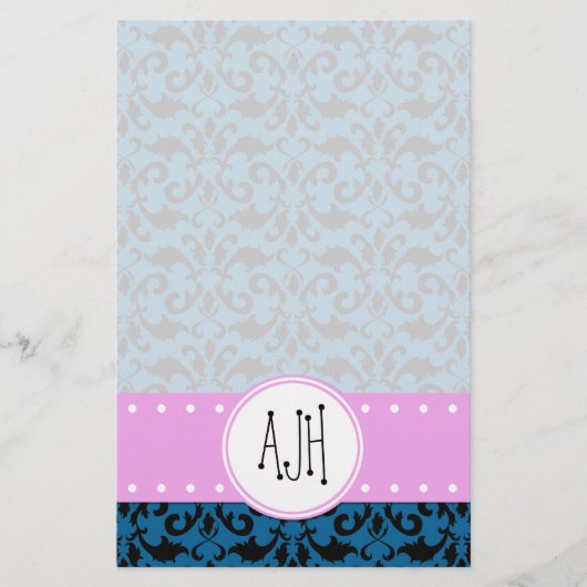 Damask Pattern, Blue Damask, Monogram Briefpapier (Voorkant)