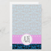 Damask Pattern, Blue Damask, Monogram Briefpapier (Voorkant / Achterkant)