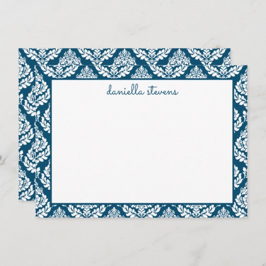 Damask Pattern Blue, speciaal gepersonaliseerd vla Notitiekaartje (Voorkant / Achterkant)