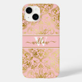 Damask Pattern Blush Pink Gold Name Monogram Case-Mate iPhone Case (Achterkant)