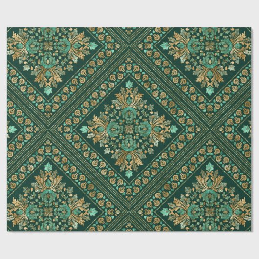 Damask Pattern - Emerald green and gold Cadeaupapier (Vlak)