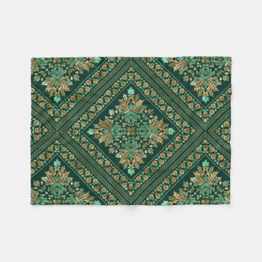 Damask Pattern - Emerald green and gold Fleece Deken (Voorkant (Horizontaal))